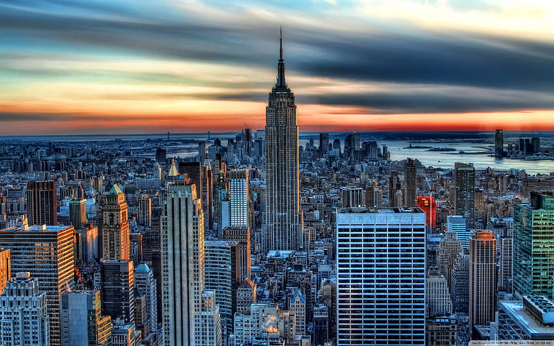 New York, Empire State Building, sunset, USA, skyscrapers, NYC, America, HD wallpaper