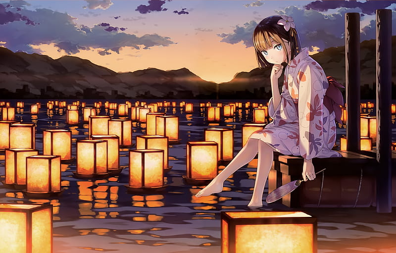 anime girl, kantoku, lanterns, mountains, clouds, scenic, yukata, Anime, HD wallpaper