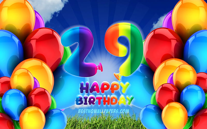 Happy 29 Years Birtay, cloudy sky background, Birtay Party, colorful ballons, Happy 29th birtay, artwork, 29th Birtay, Birtay concept, 29th Birtay Party, HD wallpaper