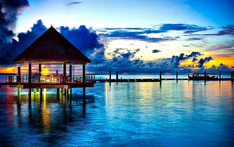 Dining Paradise, pavillion, pier, reflections, clouds, sky, sea, HD ...