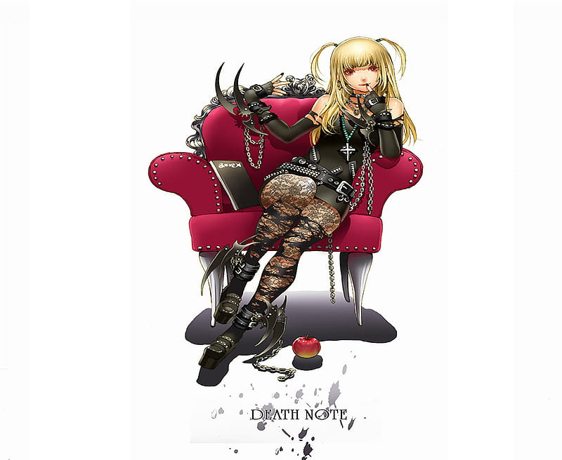 Amane misa, nail ploish, buckles, thighhighs, high heels, gloves, gothic, death note, torn clothes, hot, anime girl, chair, platform shoes, chain, apple, female, blonde hair, twintails, sexy, punk, jewelry, goth, cute, alone, cool, belt, dark, sitting, cross, HD wallpaper