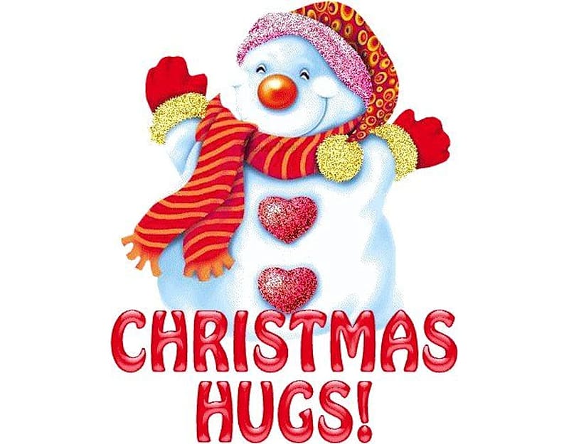 Christmas Hugs, colorful, winter, white, vibrant, nose, mittens, vivid, Christmas, yellow, red, bright, hearts, bold, scarf, hat, HD wallpaper