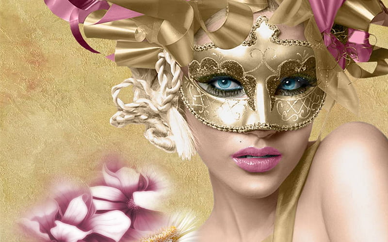 Golden Mask, art, bonito, soft, woman, elegant, graphy, fantasy, gold, girl, digital, feminine, beauty, face, mask, pink, HD wallpaper