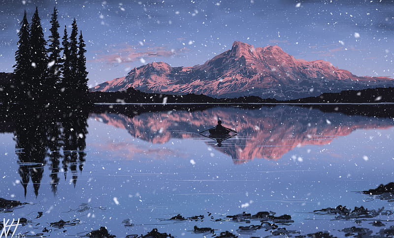 lake, mountains, boat, art, snow, twilight, reflection, HD wallpaper