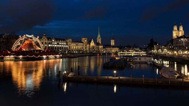 Christmas in Zurich, Switzerland, river, reflections, lights, houses, HD wallpaper