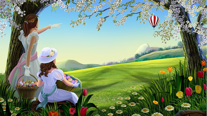Sunday Afternoon, hot air balloon, mountains, basket, flowers, girls, sky, colored eggs, flower blossom tree, HD wallpaper
