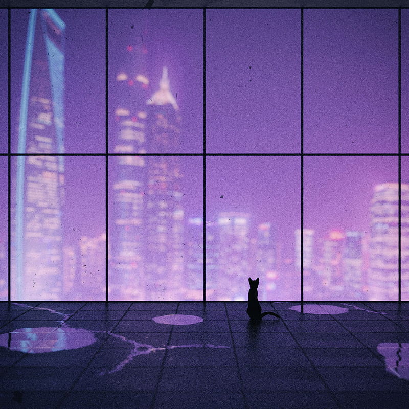 cat, window, city, overview, art, HD phone wallpaper