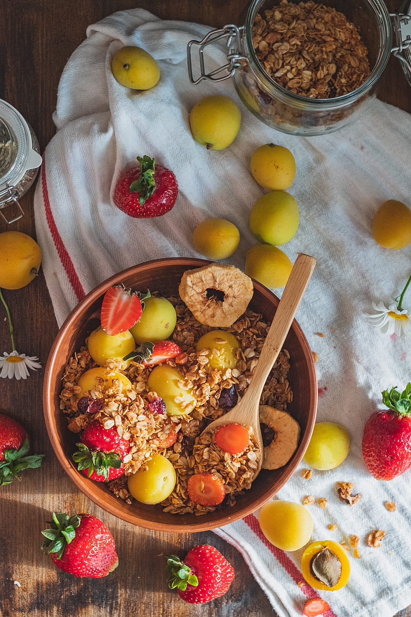 breakfast, fruit, strawberries, apricot, dish, HD phone wallpaper