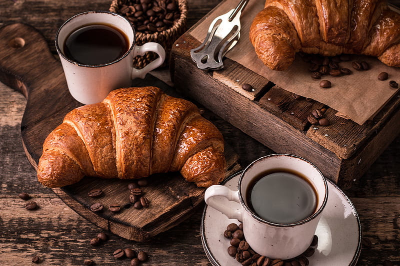 Food, Coffee, Coffee Beans, Croissant, Cup, Drink, Still Life, Viennoiserie, HD wallpaper
