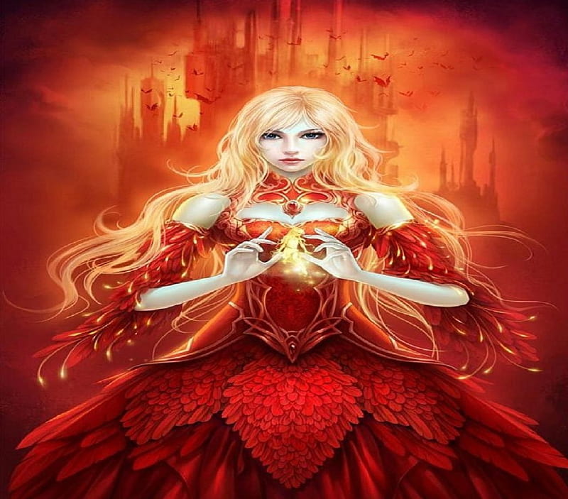 Woman In Red, red, bats, blonde, magic, castle, woman, HD wallpaper