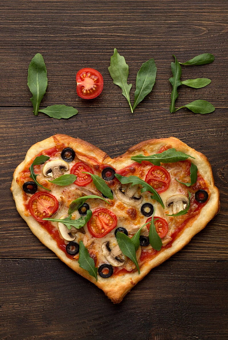 love Pizza, food, green, red, tomatoes, vegetables, wood, HD phone wallpaper