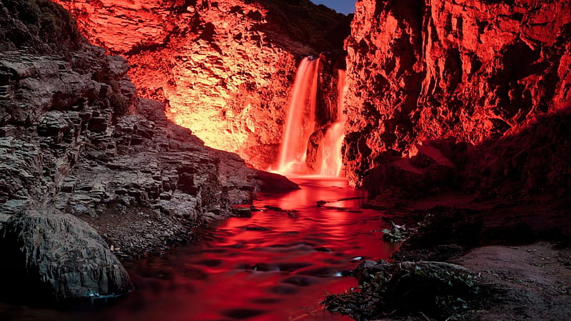 marvelous red waterfall, red, rocks, cliffs, waterfall, river, night, light, HD wallpaper