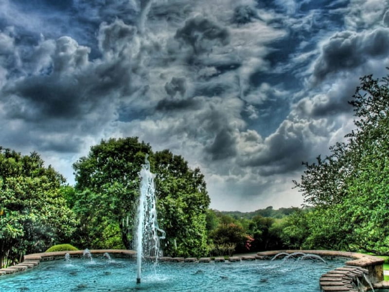 Aggressive Clouds, fountain, trees, pool, clouds, HD wallpaper