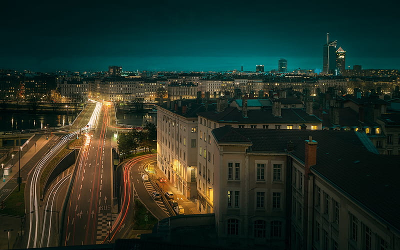 Lyon, evening, french city, city lights, city panorama, France, HD wallpaper