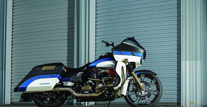 Harley-Davidson Road Glide, Bike, Black, White, Custom, Blue, HD wallpaper