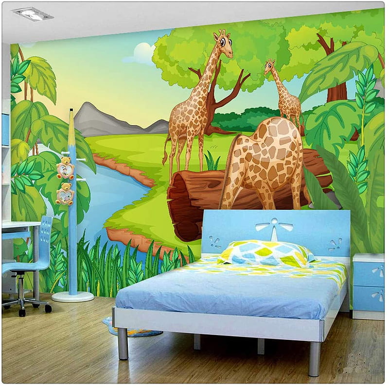 3D Cartoon Forest Giraffe Children's Room Bedroom Fabric Background Decor Mural Wall Painting, 200Cmx140Cm, HD wallpaper
