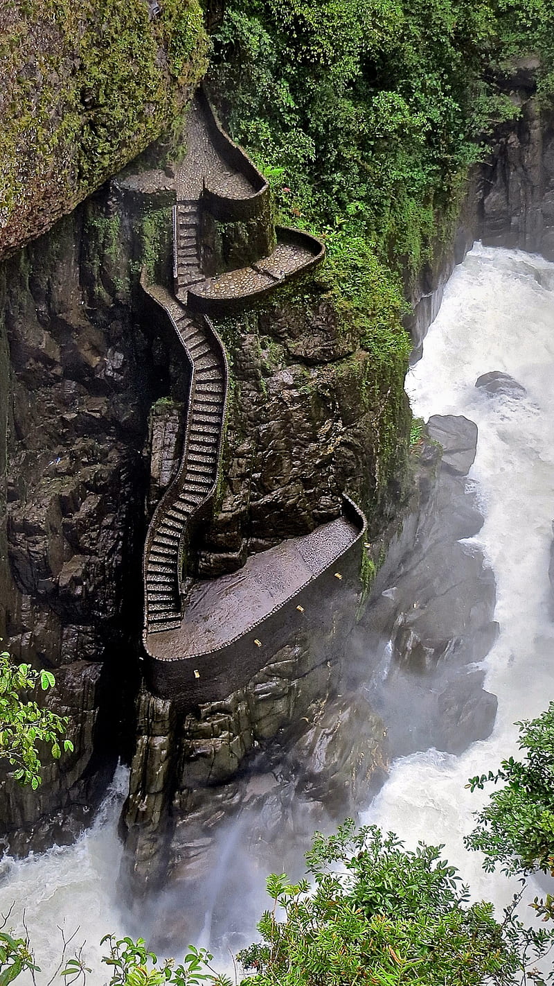 Stairway, jungle, stairs, waterfall, HD phone wallpaper