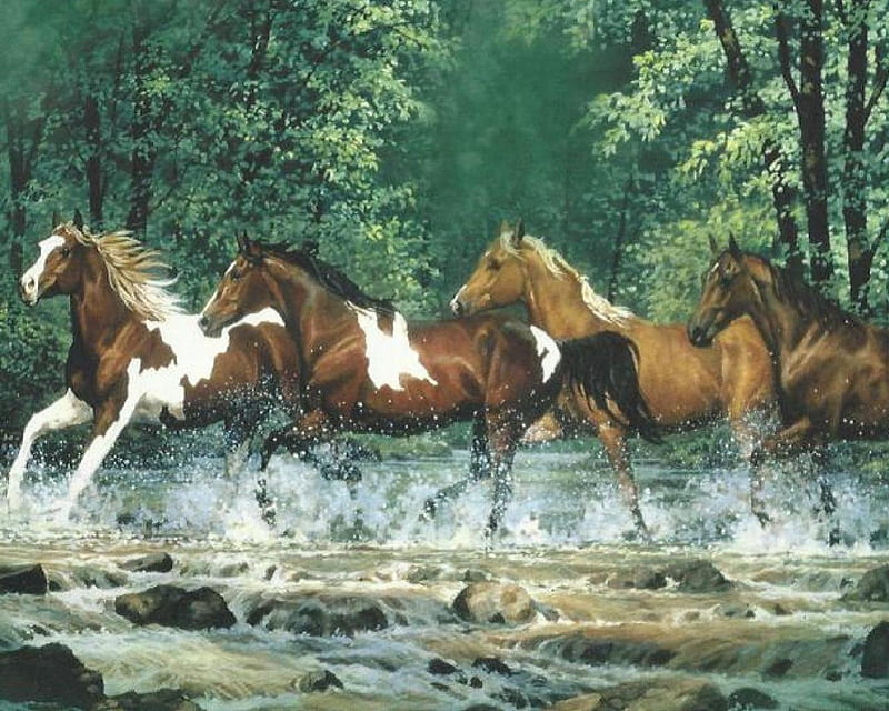 Wild Horses, running, forest, river, mustangs, HD wallpaper
