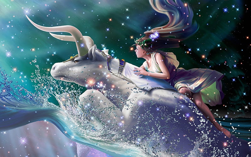Zodiac ~ Taurus, stars, zodiac, sky, ox, animal, horns, kagaya, fly, fantasy, water, girl, green, taurus, bull, blue, HD wallpaper