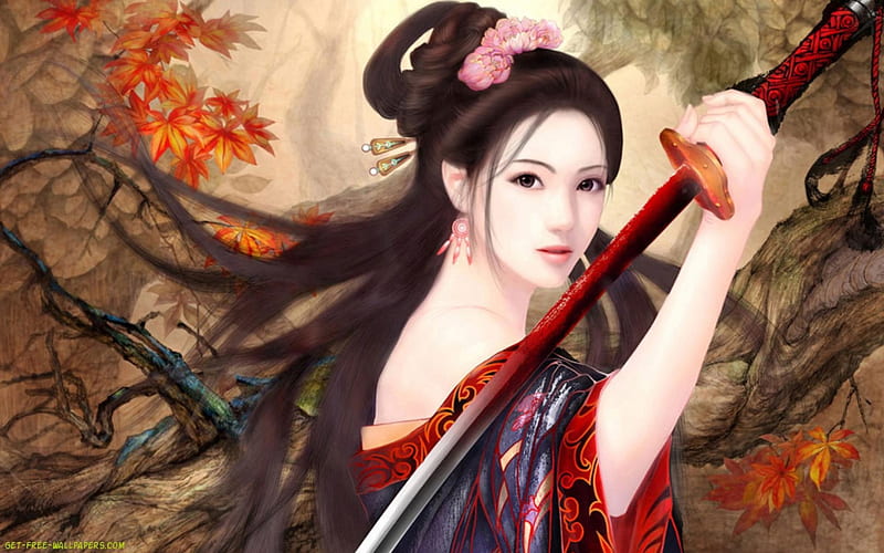 oriental swordswoman, orienal, warrior, woman, sword, HD wallpaper