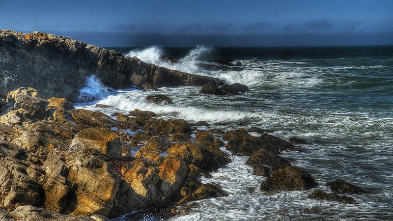 beautiful rocky seacoast, rocks, spray, waves, coast, sea, HD wallpaper