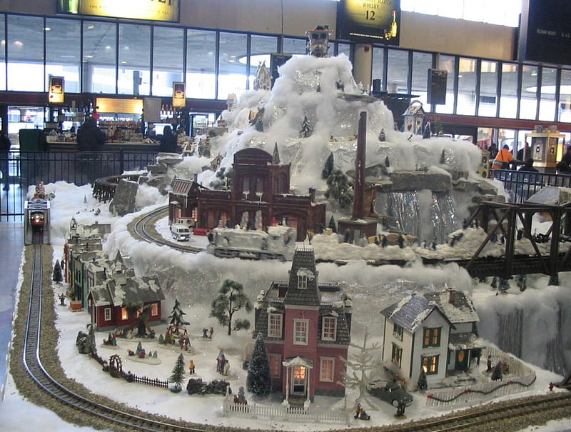 South Station, winter scene, model trains, trains, vehicles, buildings, ho trains, HD wallpaper