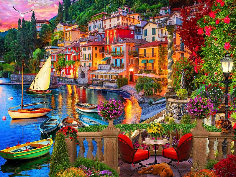 Italy's Lake Como, artwork, painting, boats, flowers, houses, water, village, HD wallpaper