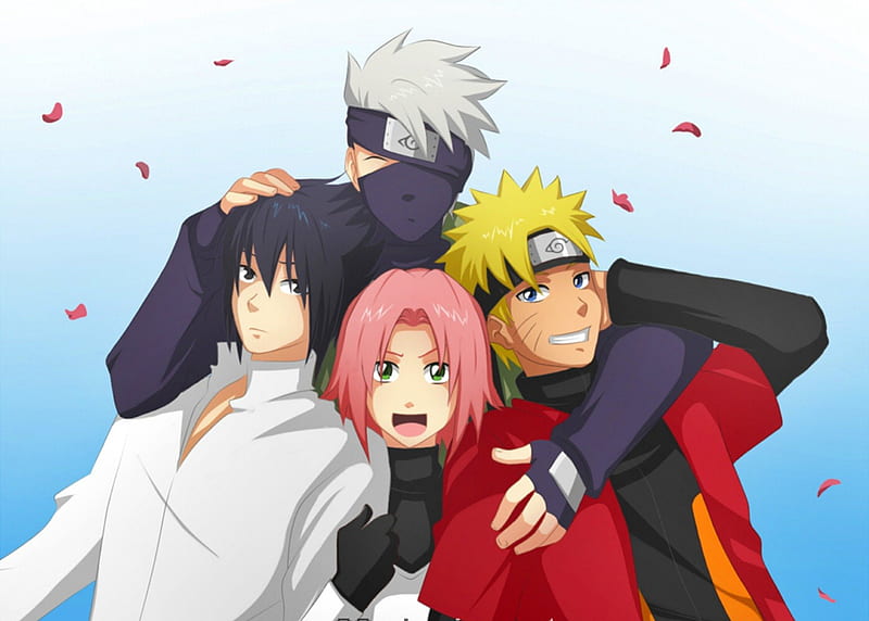 Team 7 Nar, SaS and Sak., naruto, team7, aweosme, happy, cute, city, cool,  sakura flowers, HD wallpaper