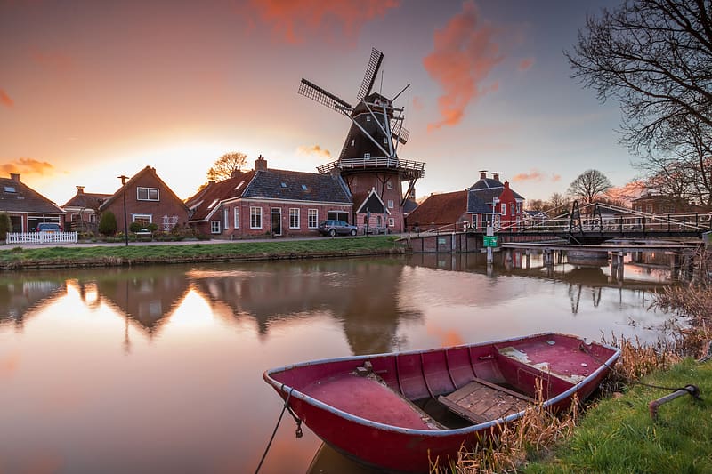 Bridge, Boat, River, Netherlands, Groningen, Windmill, HD wallpaper