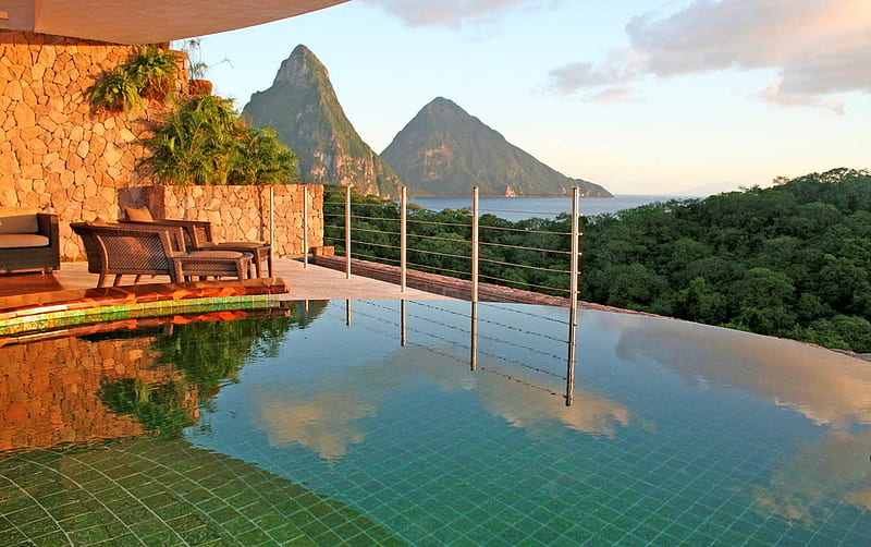 Breathtaking, mountains, ocean, villa, pool, st lucia, HD wallpaper