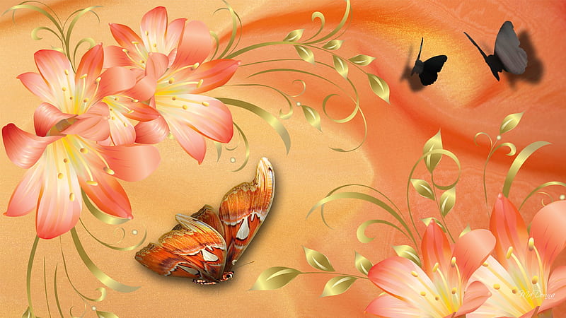 Love of Lilies, gold, orange, gold leaf, bright, summer, lilies, spring, butterflies, HD wallpaper