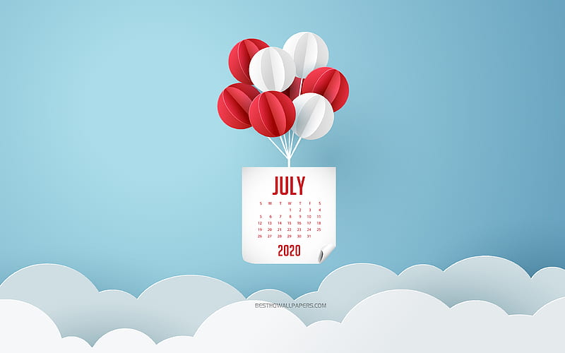 2020 July Calendar, blue sky, white and red balloons, July 2020 Calendar, 2020 concepts, 2020 summer calendars, July, HD wallpaper