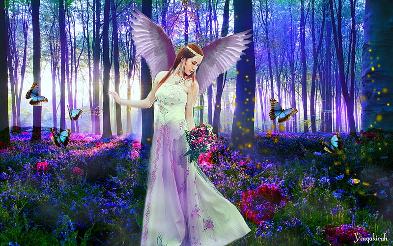 Angel, girl, flower, yingakirah, pink, blue, forest, wings, luminos, fantasy, butterfly, HD wallpaper