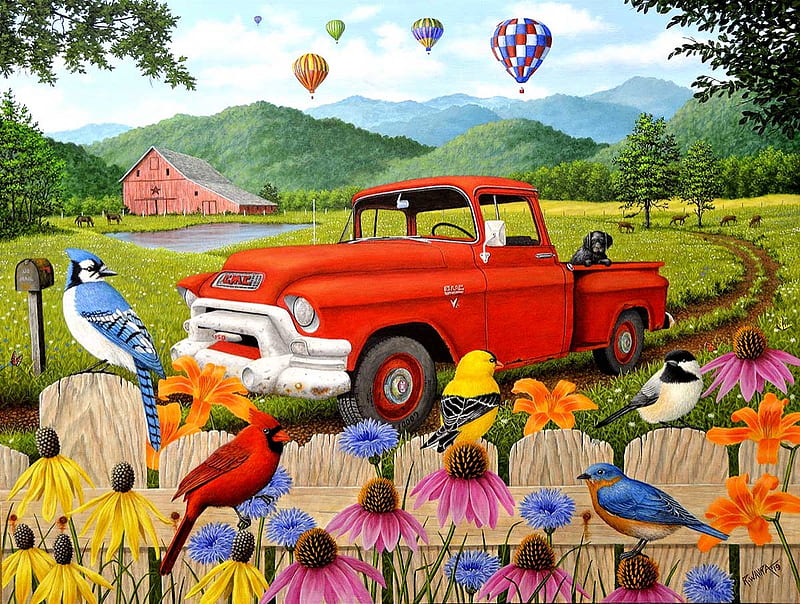 Old Red Truck, red, air, balloons, colors, birds, flowers, truck, old, HD wallpaper