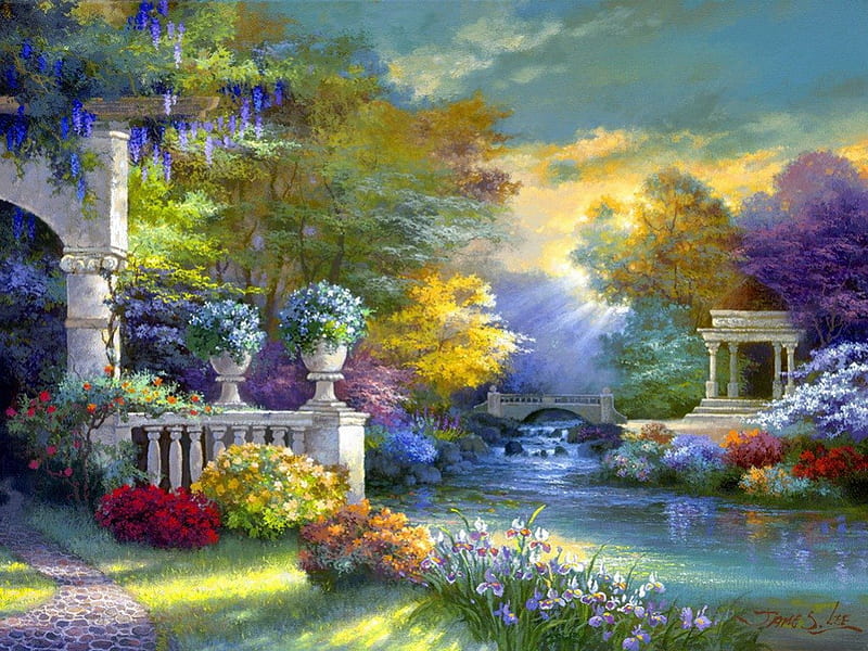 Peaceful song, stream, pretty, colorful, bonito, nice, painting, flowers, river, art, quiet, calmness, lovely, spring, creek, trees, song, serenity, rays, arch, peaceful, blossoms, garden, sunshine, gazebo, blooming, HD wallpaper