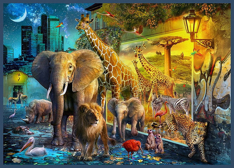 Coming Africa, elephant, leopard, pelican, moon, digital, giraffe, artwork, lion, HD wallpaper