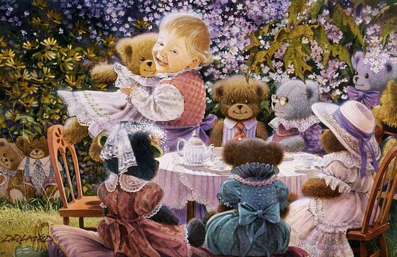 Garden Party, table, teddybears, painting, chairs, child, artwork, HD wallpaper