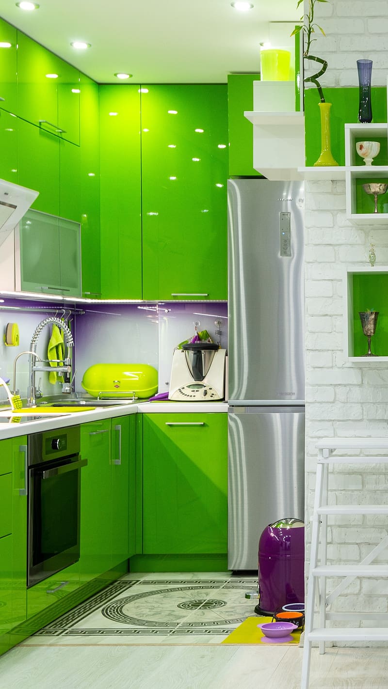 Kitchen With Green Interior, kitchen, green, interior, purple, design, cookery, HD phone wallpaper