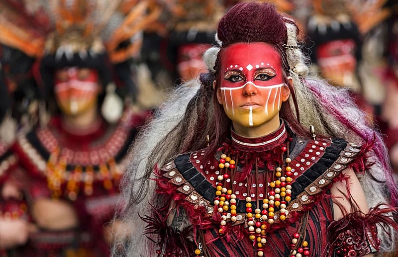 Brasil Carnival, pink, mask, yellow, red, girl, vicente concha, woman, HD wallpaper