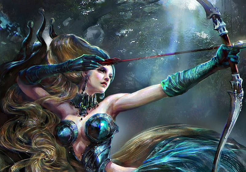 Artemis, goddess, woman, arrow, fantasy, moon, gloves, beauty, diana, rongrong wang, archer, blue, art, moon, luminos, blonde, girl, HD wallpaper