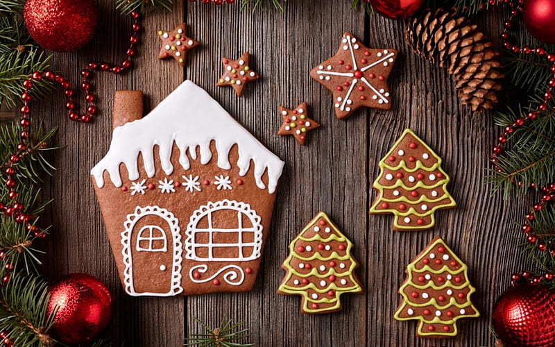 Merry Christmas!, deco, house, craciun, christmas, food, pine cone, sweet, dessert, card, cookies, tree, gingerbrad, wood, HD wallpaper