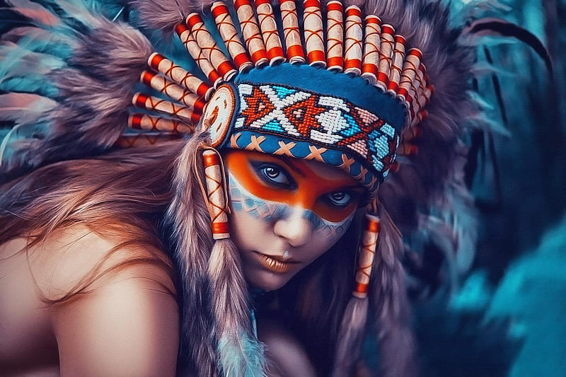 Native American, babe, girl, model, woman, head dress, HD wallpaper