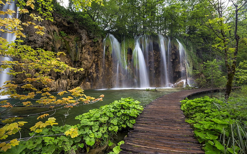 Walkway by Plitvice Lake Waterfall, Lakes, Waterfalls, Walkways, Nature, HD wallpaper