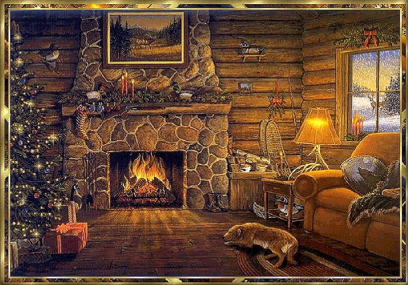 Christmas nights, house, paint, christmas, home, bonito, abstract, winter, fire, still life, tree, painting, hot, room, chimney, dog, HD wallpaper
