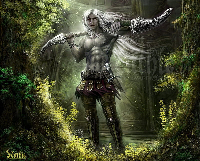 Drow with Large Weapon, forest, male, elf, white hair, dark elf, ears, man, drow, black skin, fantasy, large, dark, strong, nature, weapon, HD wallpaper