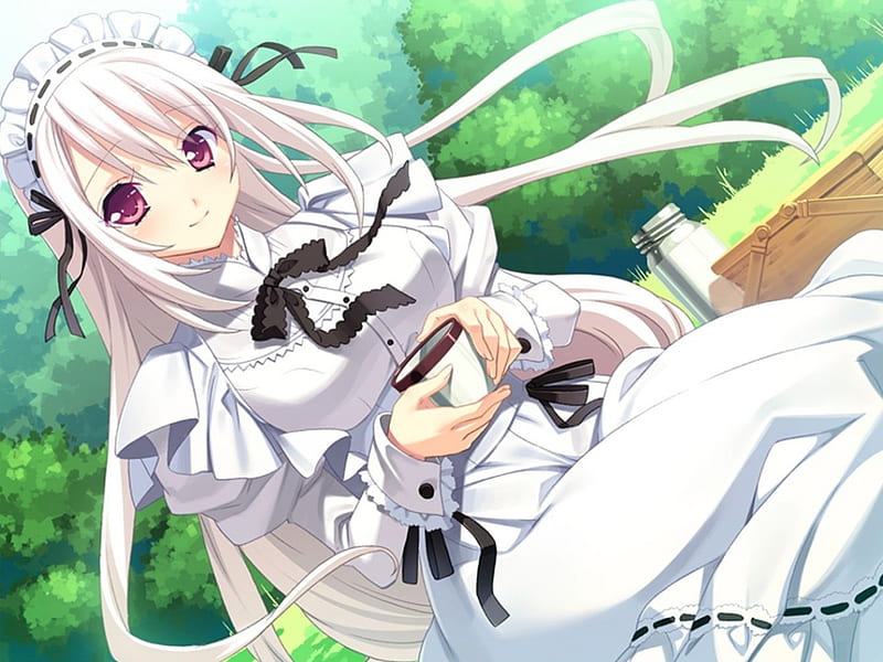Sirvienta de anime, taza de té, vestido blanco, sirvienta, pelo blanco,  Fondo de pantalla HD | Peakpx