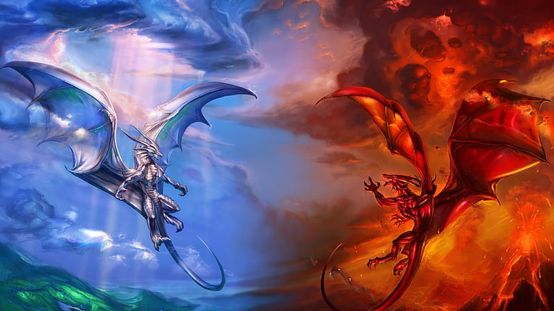 Fantasy White And Dragons Are Fighting HD wallpaper | Peakpx