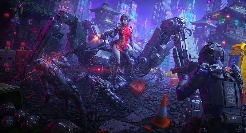 Cyborg Girl Killing Attacker , cyborg, artist, artwork, HD wallpaper