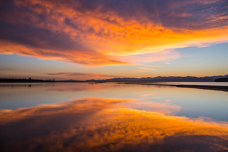 horizon, sunset, clouds, reflection, HD wallpaper