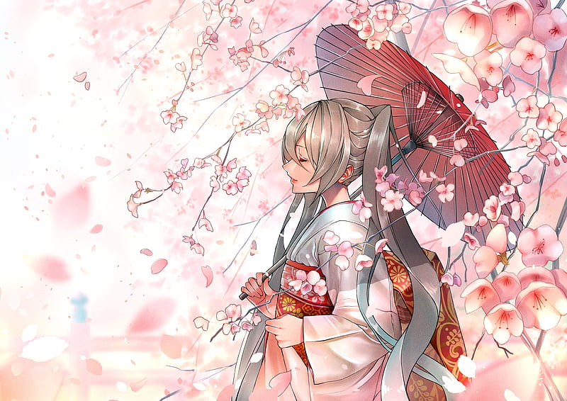 hatsune miku, kimono, sakura blossom, umbrella, vocaloid, Anime, HD wallpaper